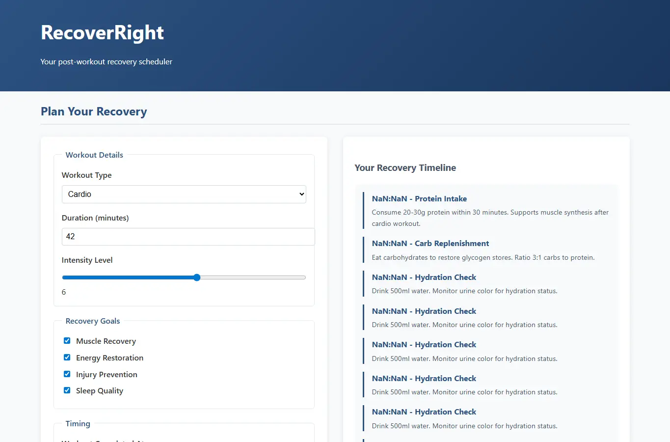 Screenshot of RecoverRight: Post-Workout Recovery Planner interface showing the project page in use